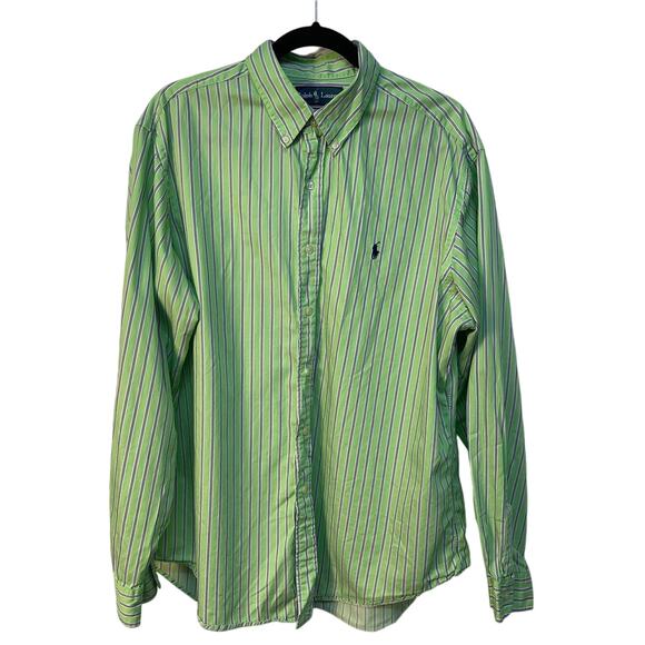 Ralph Lauren Blue Label Classic Fit Green with Blue White Stripe Button Down  XL - Picture 1 of 7